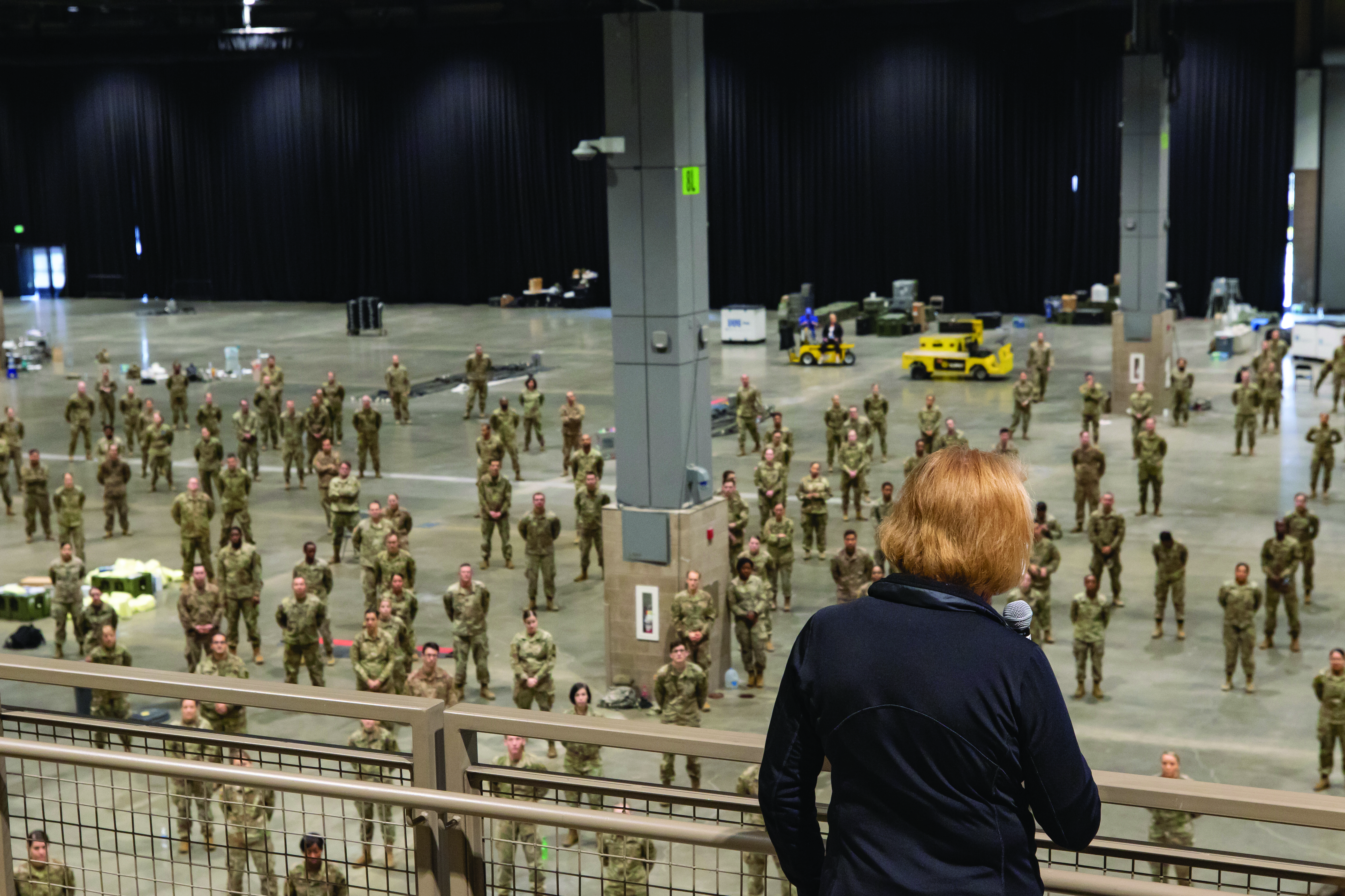 Jenny Durkan, the mayor of Seattle, addresses Soldiers from the 62d Medical Brigade during her visit to the Seattle Convention Center in April 2020.
        (Photo credit: PFC Laurie Ellen Schubert)